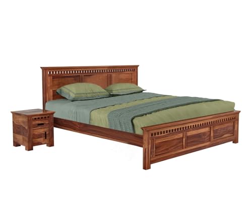 Image of Sheesham Wood King Size Bed Without Storage | Wooden Bed King Size Double Cot Palang Bed for Bedroom | Kuber Design Headboard Bed for Living Room | Honey Finish