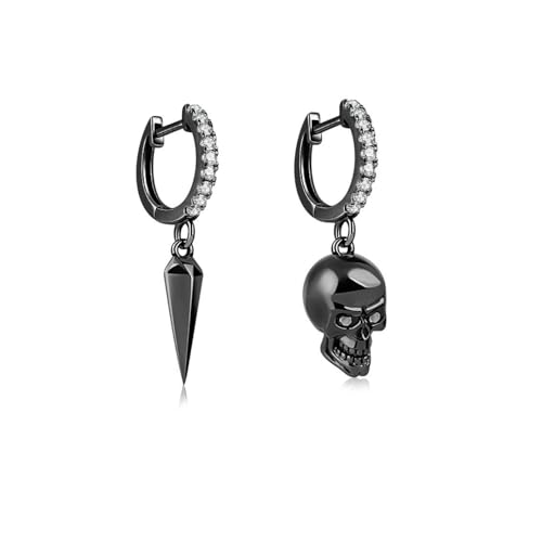 Pendientes aro calavera modernos para uso diario estilo unisex asimétrico negro y plata