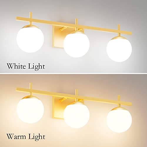 Image of Ralbay Mid Century Modern Gold Bathroom Light Fixtures Gold Milky Glass Modern Bathroom Vanity Lights Over Mirror, Gold 3-Light (Exclude Bulb)