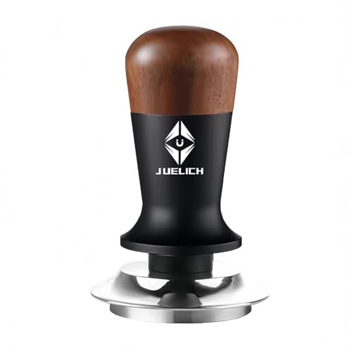 JUELICH 53mm Espresso Tamper with Wooden Handle – Spring-Loaded Coffee Distributor for Even Coffee Grounds – Barista Hand Tool, Stainless Steel Coffee Leveling Tool, Classic Coffee Accessories (53mm)
