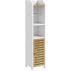 Estanteria Pequeña Suelo kleankin Armario de Baño Moderno Columna Auxiliar de Baño Mueble de Suelo de Baño con Estantes 1 Puerta y Portarrollos de Papel para Dormitorio Sala 18x20x90 cm Blanco y Roble