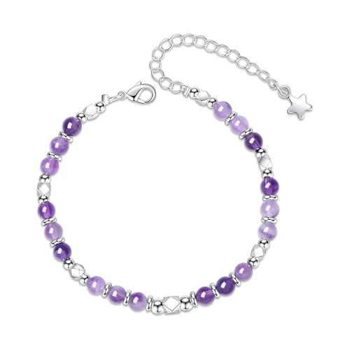 Nbsameng Natural Amethystone Bracelets for Women Adjustable Silver Boho Bracelet Handmade Purple Crystal Beaded Jewelry Gift（16-21cm）