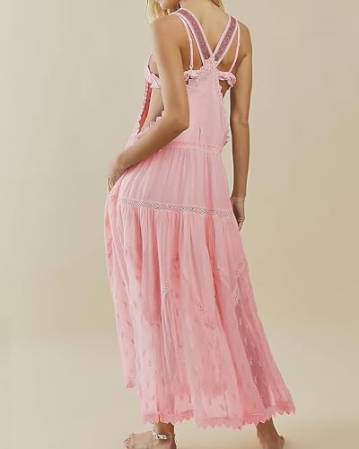 Image of Women's Laced Embroidered Tulle Boho Dress Casual Loose Adjustable Straps Bib Maxi Dress