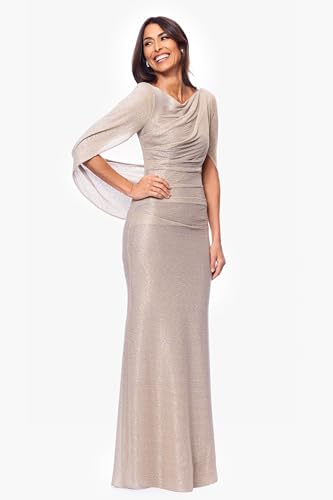 Image of Betsy & Adam Women's Floor Length Metallic Crinkle Knit Boat Neck Draped Cape Sleeve Evening Gown