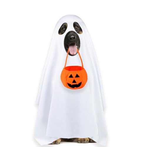 PAYHTOW Dog Halloween Costumes, Dog Ghost Costume Funny Pet Ghost Costume with Pumpkin Candy Bag for Small Medium Large Dogs Pets (Large)