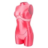[LEOHEX] 光艶の幻影 ハイネックボディスーツ水着シルキー素材 光沢ノースリーブ メッシュ切替 ショートタイプ アップグレード(ピンク,XL)