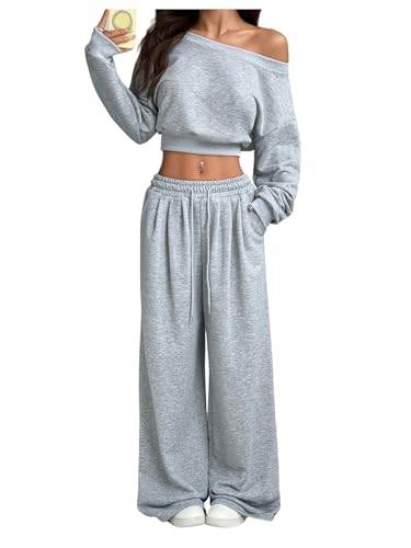 RoseSeek Women's 2 Piece Outfits Off Shoulder Tops and Wide