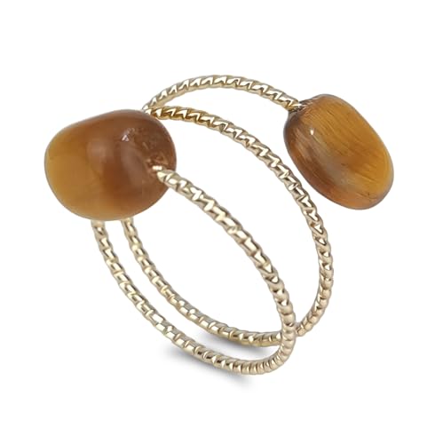 TSdiyART Tiger Eye Ring, Handmade Dainty Natural Crystal Tigers Eye Stone Ring Adjustable, Gold Plated Stackable Rings for Women Tiger Eye Jewelry