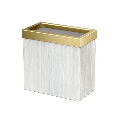 Image of Gatco Modern Rectangle Wastebasket, White Oak /Brushed Brass Lid - Stainless Steel Trash Can with Removable Lid, Leakproof, 3 Gallon Capacity for Bathroom, Bedroom, Kitchen, or Office