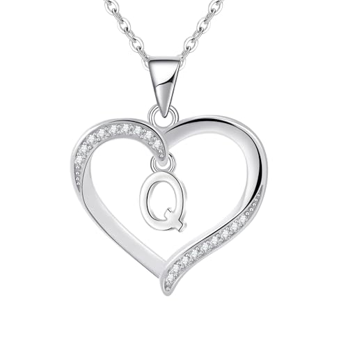 Image of Cosie Lily Silver Necklaces for Women Heart Initial Necklace Sterling Silver Necklace Letter Necklace Q Name Pendant Jewellery for Women,Initial Necklaces for Girls Gifts for Girls Birthday Presents