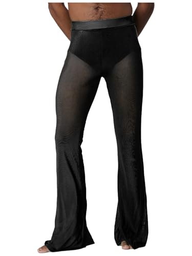 Sholeno Flared Bell Bottom Pants for Men Sheer Mesh High Waist See Through Cover Up Clubwear