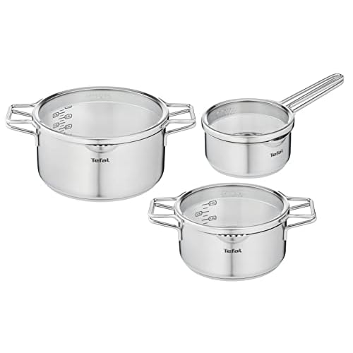 Tefal Nordica Batterie de cuisine 6 pièces Casserole 16 cm, Faitouts 20/24 cm en acier inoxydable garanti 10 ans, 3 couvercles verre, Becs verseurs, Egouttage facile, Induction H852S325