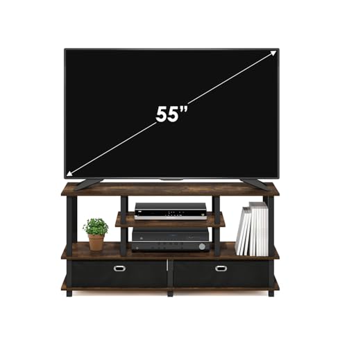 Image of Furinno Jaya TV Stand, 4-Tier Toolless Assembly Entertainment Center with Open Shelf, TV Console for TV up to 55 Inch with 2 Storage Bins, for Living Room, Bedroom, Amber Pine