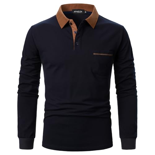 APAELEA Polo Homme Manches Longues Pull de Golf à Col Contrasté avec Lignes Classiques,Bleu,XL