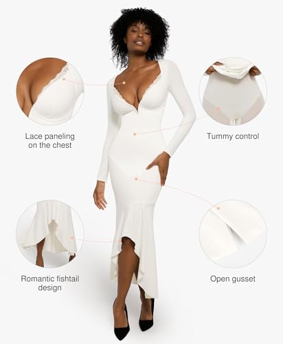 Popilush Long Sleeve Cocktail Dress for Women Shapewear Tummy Control Party Dresses Deep V Neck Lace Mermaid Maxi Dress2