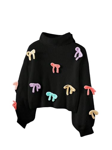 WDIRARA Girl's Bow Turtleneck Sweater Long Sleeve Loose Pullover Knitwear