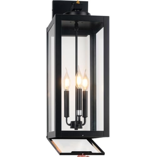 Image of 24 inch Extra Large Fully Enclosed Dusk to Dawn Outdoor Light Fixture 3-Light | Black Outdoor Porch Lantern Wall Mount, Waterproof Outside Wall Sconce Coach Light with Tempered Glass for House, E12, 1-Pack