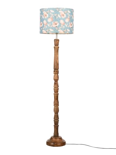 Image of Green Girgit Brown Color Small Wooden Floor Lamp with Blue Flowers Multicolor Lamp Shade, Vintage Floor Lamp with Carved Wooden Stand and Floral Shade, Traditional Standing Light (LED Bulb Included)