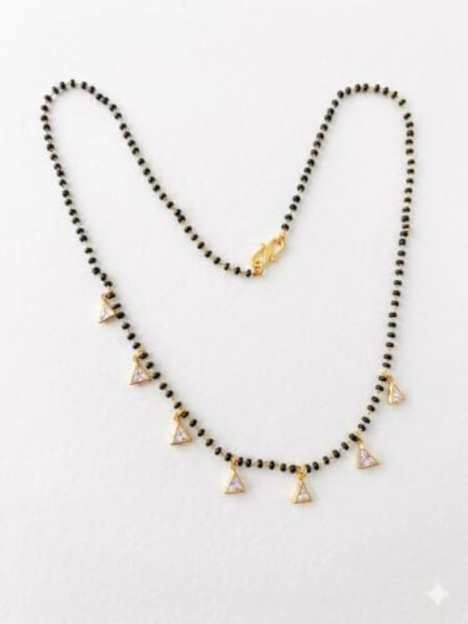 Women's Gold Plated Black Beads Mangalsutra with Triangle Zircon