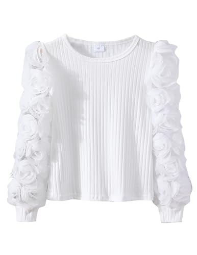 Girls Casual Crewneck Ruffle Flower Long Sleeve Solid Kint Sweatshirts Loose Fit Blouse Fashion Shirts