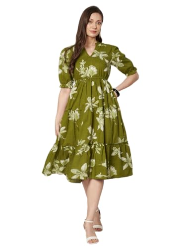 Image of PIDAVLIYA'S Women's Floral Summer Maxi Dress I Cotton Printed I One Piece Bodycon Midi Dress with V-Neck, Puffed Sleeves