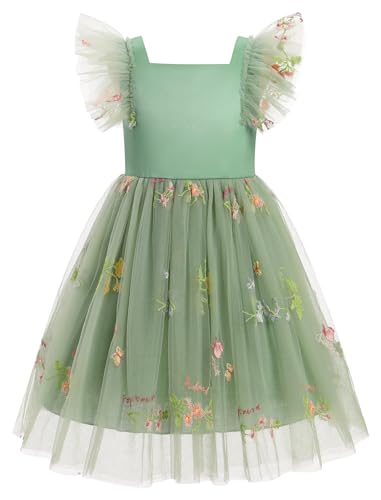 Ruffle Sleeve Embroidery Flower Girl Lace Dress for Kids Wedding Princess Birthday Party Prom Floral Embroidered Tulle Dress