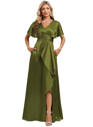 Image of Elegant Satin Bridesmaid Dress with Sleeves Ruffles High Silt Formal Dresses Long for Women Fall DIN022
