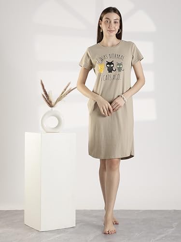Image of 9shines Label Hosiery Cotton Knee Length Short Night Dress | Short Nighty for Women with Pocket | Graphic Print Nightwear | Night Gown for Women (M-7XL)