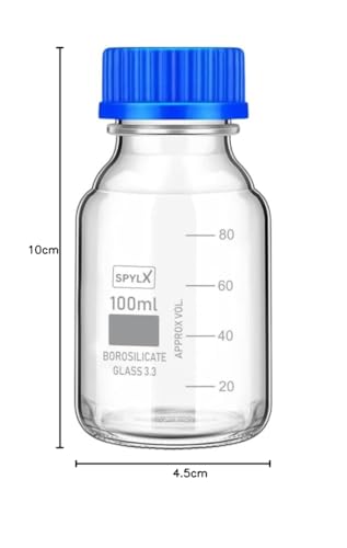 Image of Borosilicate Glass reagent bottle 100 ml with leak proof Blue Screw Cap pack of 1 for glassware wide mouth chemical bottles for lab, laboratory, kitchen and professional use