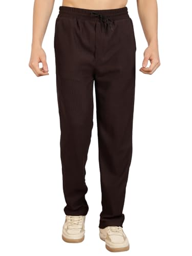 Image of Men's Regular Fit Textured Trousers with Elastic Waistband & Drawstring Closure - Casual & Smart Everyday Pants