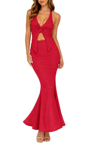 IHOT Women's 2 Piece Vacation Maxi Skirt Sets Halter Neck Twist Front Cutout Cami Top Long Skirt Summer Casual Beach Party Date Night Out Club Cruise Dinner Going Out Holiday Outfits Red Small