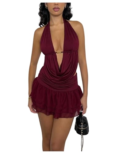 Milumia Womens Two Piece Outfits Summer Deep V Neck Draped Halter Top Ruffle Layered Mini Skirt Sets Going Out Burgundy Medium