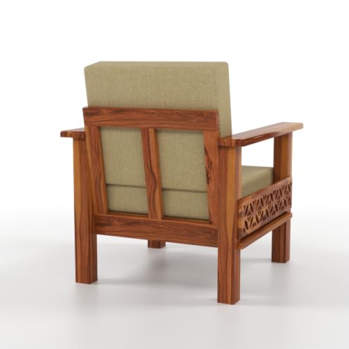Image of Solid Sheesham Wood 1 Seater Sofa | Modern Wooden Sofa Chair with Upholstered Cushioned Seat & Backrest | Handmade Carved Accent Armchair for Living Room, Bedroom & Office