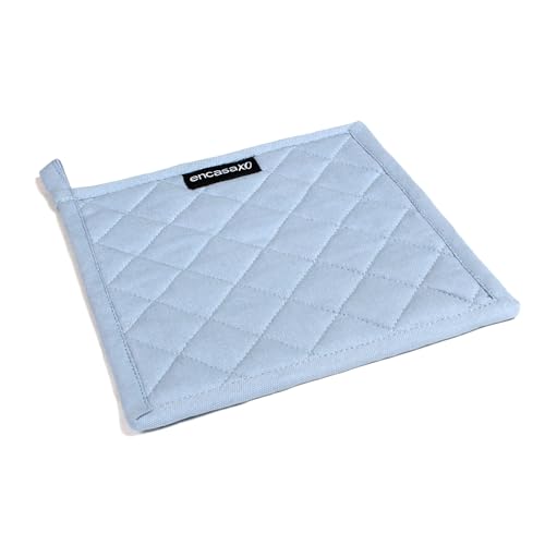Image of Encasa XO Heat Resistant Cotton Pot Holders with Hanging Loop - Set of 2 - B Grey & Cobalt Blue - Multipurpose Quilted Everyday Hot Pad for Kitchen, Camping, BBQ & Microwave - 21 cm