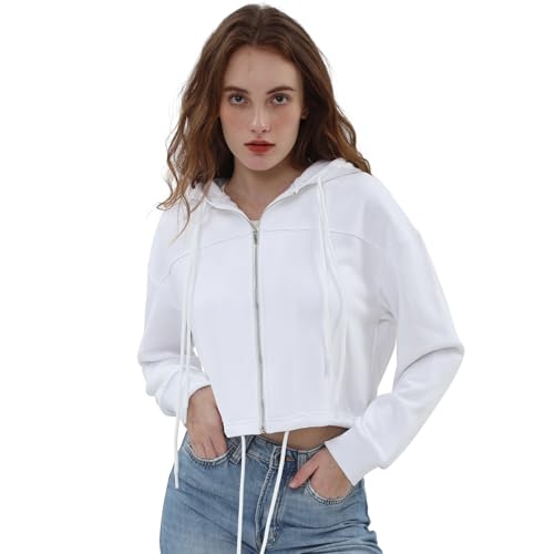 Image of Amazhiyu Womens Cropped Zip Up Hoodie, Casual Jackets with Pockets, Drawstring Long Sleeve Sweatshirts White XL