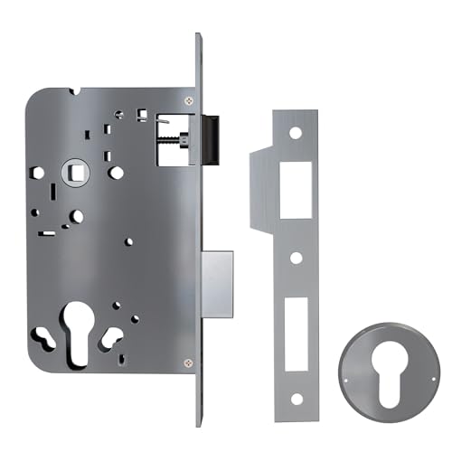 Amig - Cerradura de Embutir Puertas de Madera - Entrada: 60mm - Nuecas - Orificio: 70mm - Cuadrillo: 8mm - Cilindro Europerfil - Bocallaves y Suplemento Reductor: 6mm - Acero Inoxidable Mate