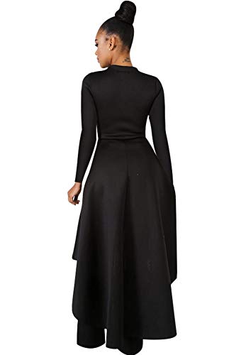 Womens High Low Cocktail Dress - Elegant Ruffle Peplum Top Tunics Long Sleeve Maxi Evening Dress Gown Black
