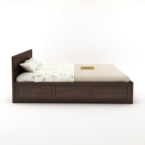Image of Solid Sheesham Wood King Size with Hydraulic Storage | Wooden Double Bed Cot Palang Furniture for Bedroom Living Room and Home (Walnut Finish)