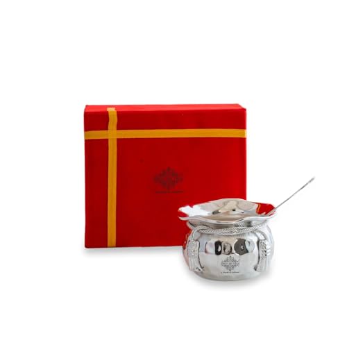 INDIAN ART VILLA Silver Plated Handmade 1 M Design Bowl 180 ML with 1 Spoon,for Serving Dessert Icecream Sweets & Kheer Home Hotel | Decorative Diwali Gift Item