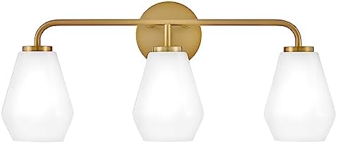 Lark Gio 85503LCB Three-Light Bath Vanity Fixture, Mount Up or Down, Cased Opal Geometric Shades, Lacquered Brass