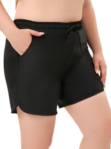 Image of Women's Plus Black Swim Shorts Tummy Control Swim Trunks High Waisted Bathing Suit Long Tankini Bottoms with Pockets 3XL