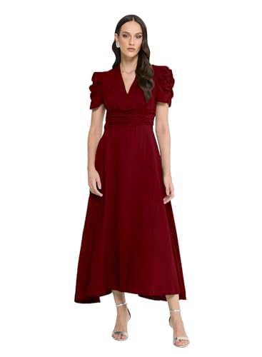 Image of Sugathari Women Women's V-Neck Maxi Dress, A-Line Style, Puff Sleeves, Cinched Waist 246