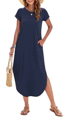 WNEEDU Boho Maxi Dresses Short Sleeve Split Style Flowy Lightweight