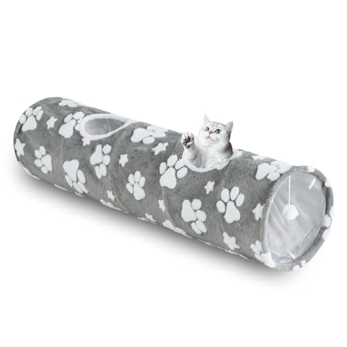Image of Straight Cat Tunnel for Indoor Cats 47 inchx12 inch, Grey Paw