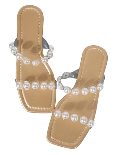 GORGLITTER Women's Pearl Clear Sandals Two Strap Summer Square Toe Slides Sandals