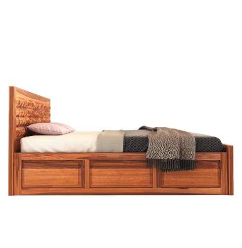 SONA ART & CRAFTS Diamond Solid Sheesham Wood King Size Bed with Storage Box + 2 Side Tables | Wooden King Size Cot Bed Double Bed with Box for Home - Natural Finish (Assembly Included)