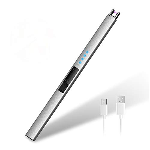 HOTERB Encendedor Electrico,Encendedor Cocina Electrico con Puerto USB Tipo C,Pantalla LED de Batería,Mechero Electrico USB Recargable para Encender Largo el de Vela,Hogar al Aire Libre(Plata)