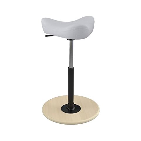 Varier Move Small - Office Chair for Height Adjustable Desks, Standing Support Stool - Natural Wood Base and Light Grey Quality Fabric Cover