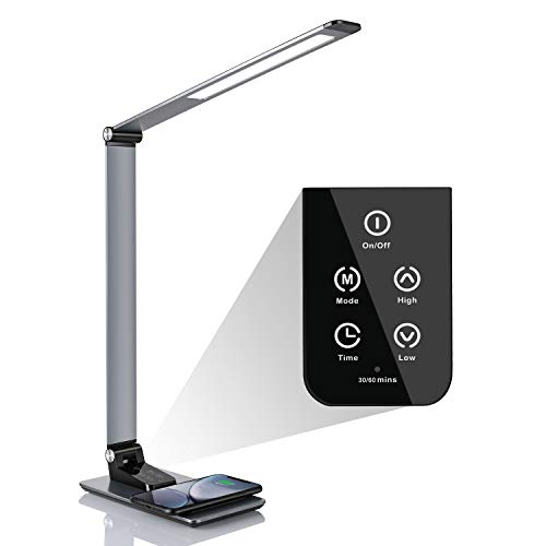 Deckey Schreibtischlampe 12W dimmbare LED Tischleuchte 5 Farbtemperaturen und 6 Helligkeitsstufen, faltbare Tischlampe Wireless Charger USB Ladeanschluss Memory-Funktion Berührungssteuerung Schwarz.