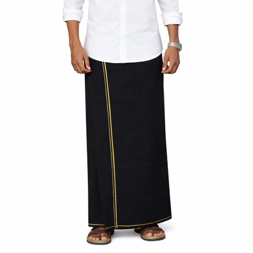 Image of Pure Cotton Dhoti for Men (1.28 x 1.87 m) | Solid Panchalu with Varied Small Color Border | Kerala Cotton Veshti, Khadi Dhoti | Lightweight Pooja & Temple Wear